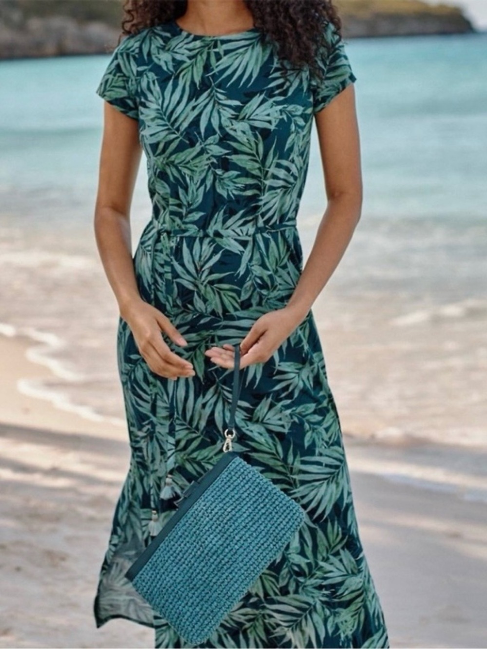 J.Jill Tropical Leaf Green Blue Maxi T-Shirt Dress Size Medium Resortwear Travel
